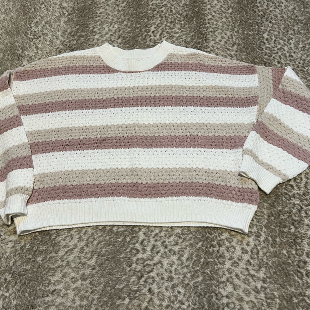 Hollister Women's Striped Knit Cropped Sweater - Cream Pink (mauve) and Tan